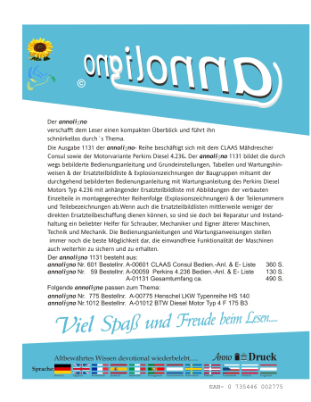 CLAAS Mähdrescher Consul & Perkins Diesel 4.236 Bild Bedienungsanleitung-en Bild- Ersatzteilliste-n mit Explosionszeichnungen - annoligno 1131